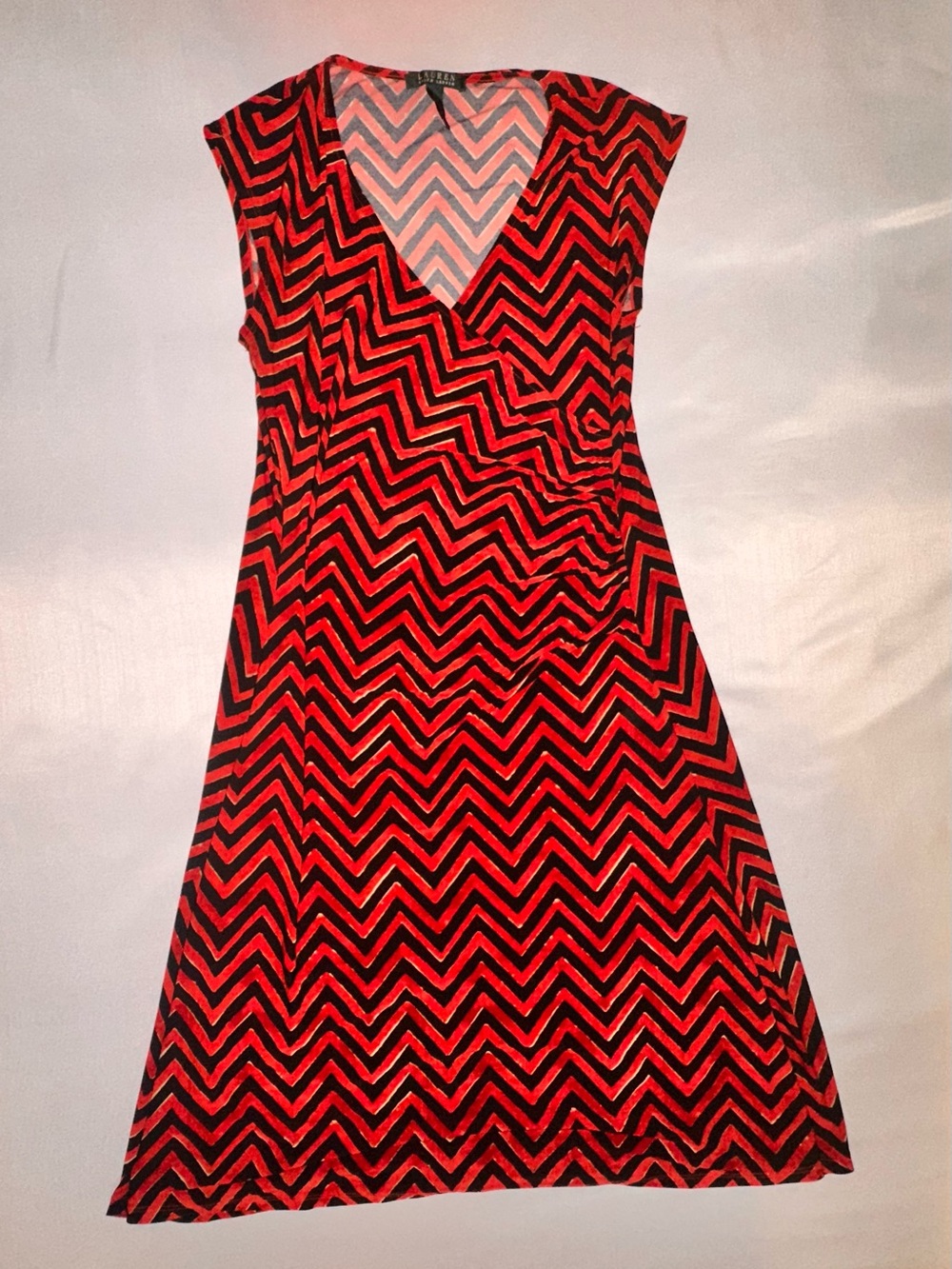 Lauren Ralph Lauren Women’s Faux Wrap Red & Black Chevron Ruched V-Neck Dress